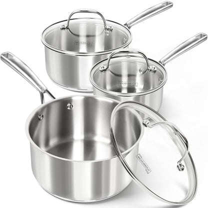 MICHELANGELO Stainless Steel Saucepan Set with Lid, Premium Triply Stainless Steel Sauce Pan with Cool Handle, Nonstick Sauce Pot Set for Kitchen Cooking, Induction Compatible, 1QT & 2QT & 3QT