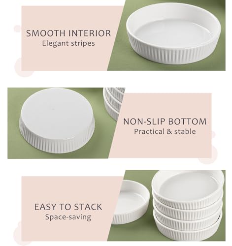 KOBIKOBI Ramekins 8 oz Oven Safe Set of 6 - Ceramic Creme Brulee Dishes, Souffle Cups, Individual Quiche Baking Dish, Food-Safe White Pudding Bowls for Kitchen, Stackable and Dishwasher Safe