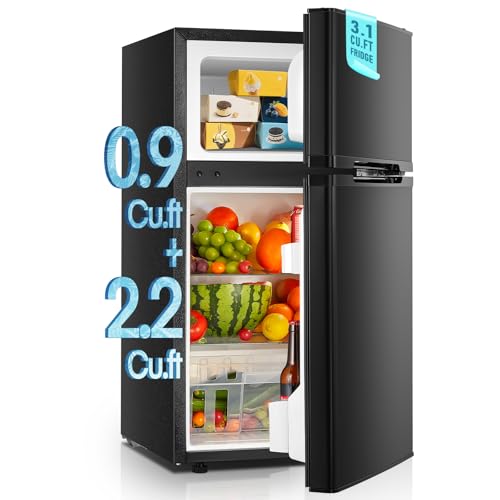 Mini Fridge with Freezer for Bedroom, 3.1 Cu.ft Double Doors Small Refrigerator with Ice Tray, Removable Shelves, Temperature Control Mini Refrigerator for Dorm and Office