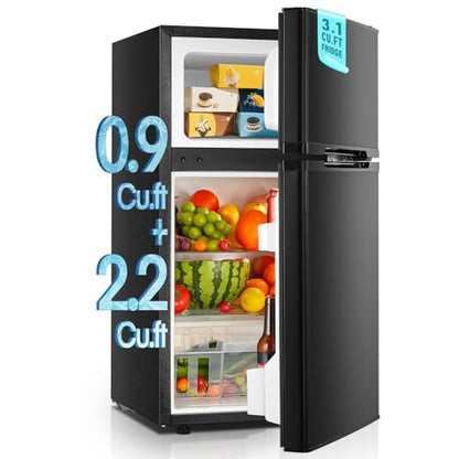 Mini Fridge with Freezer for Bedroom, 3.1 Cu.ft Double Doors Small Refrigerator with Ice Tray, Removable Shelves, Temperature Control Mini Refrigerator for Dorm and Office