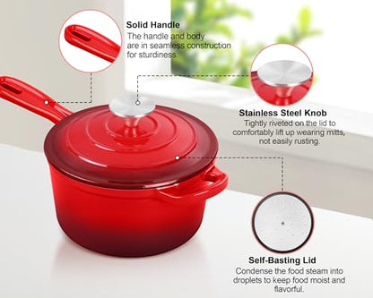 TeamFar Enameled Cast Iron Sauce Pan, 1QT Small Sauce Pot with Lid, Mini Dutch Oven Saucepan for Cooking/Simmering/Baking/Boiling, Sturdy & Nonstick, Oven Safe & Fit for Induction-Red