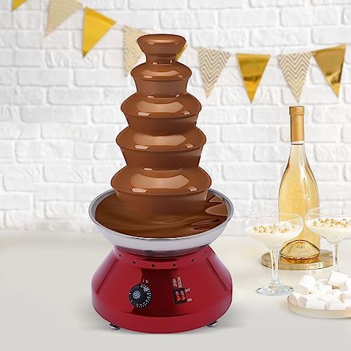 5-Tier Chocolate Fountain 7Lbs Capacity, 110V Stainless Steel Hot Chocolate Fondue Machine with Adjustable Temp 86-230℉ for Party Wedding Restaurant Buffet (Red)