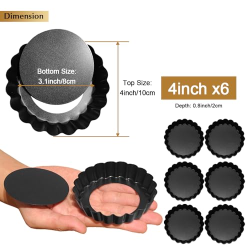 CFGUK 6 Pack Mini Tart Pans 4 Inch with Removable Bottom Round Non-stick Deep Quiche Pan, Heavy Duty Fluted Side for Pies, Egg Tart Molds for Baking, Mousse Cakes, Fruit and Desserts (4 Inch 6pcs)