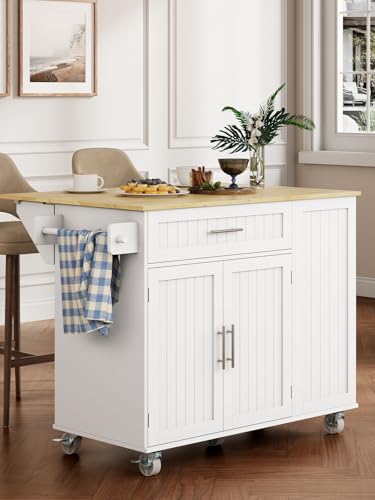 OtterOasis Kitchen Island with Storage, 43.3" Rolling Kitchen Island Cart on Wheels with Wide Drop Leaf Rubberwood Top, Large Mobile Island Table with Trash Can Storage and Towel Bar, White