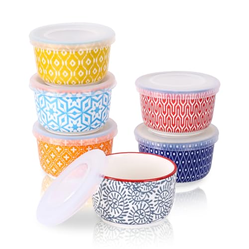 Selamica 6 oz Ramekins with Lids Oven Safe, Creme Brulee Ramekins Souffle Dishes with Covers, Pudding Custard Cups Stackable Ceramic Mini Ramekin Bowls Set for Baking, Dipping, Set of 6, Assorted Colors