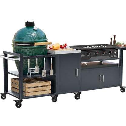GDLF Outdoor Grill Cart for Big Green Egg& Blackstone Griddle, Metal Grill Table Compatible with Large Big Green Egg and 28"/36" Blackstone Griddle, Waterproof Cover Included