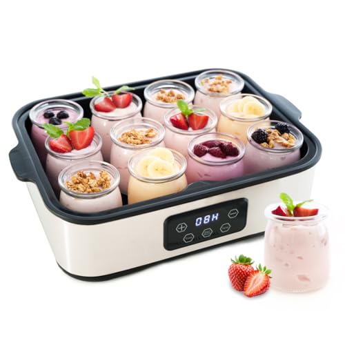 Collier Kitchen Automatic Yogurt Maker | 12 Glass Jars 180ml, Digital Timer & Temp Control | Stainless Steel Greek Yogurt Machine with Auto Shut-Off for Homemade Healthy Probiotic Snacks