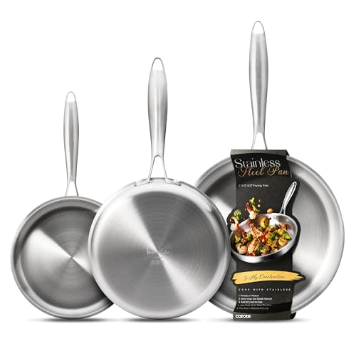 CAROTE 3-Piece Tri-Ply Stainless Steel Frying Pan Set, Skillet Set 8"/10"/12", Induction Compatible, Oven & Dishwasher Safe, Silver Handle