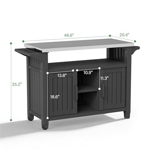 Bifanuo Resin Outdoor Grill Cart, Outdoor Kitchen Island with Stainless Steel Top & Storage Cabinet for Kitchen Prep, Weatherproof Grill Table for BBQ Food Prep, Black