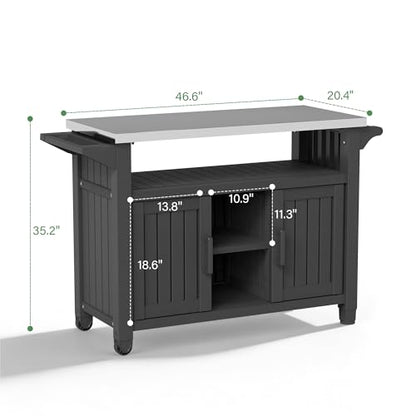 Bifanuo Resin Outdoor Grill Cart, Outdoor Kitchen Island with Stainless Steel Top & Storage Cabinet for Kitchen Prep, Weatherproof Grill Table for BBQ Food Prep, Black