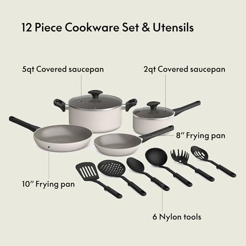 bella 12 Piece Cookware Set with EverGood™ Ceramic Nonstick Coating, Dishwasher & Oven Safe, All Stovetops Compatible, Tempered Glass Lids and Cool Touch Handles, Oatmilk