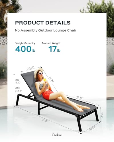 Aluminum Chaise Lounge Ourdoor - Foldable & Assemble Free Outdoor Lounge Chair with 5 Adjustable Backrest, Patio Lounge Chair for Outside Poolside Beach Pool, Grey