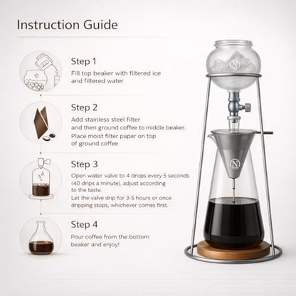 Nispira Iced Coffee Cold Brew Drip Coffee Maker Stainless Steal, 400mL, Borosilicate Glass