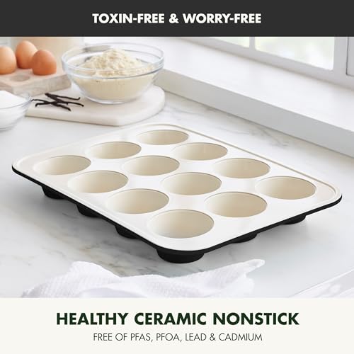GreenPan Bakewell 12-Cup Muffin Pan, Healthy Ceramic Nonstick Bakeware, PFAS-Free Cupcake Mold, Durable Baking Tray, Versatile Kitchen Essentials, Easy Clean Ovenware, Black