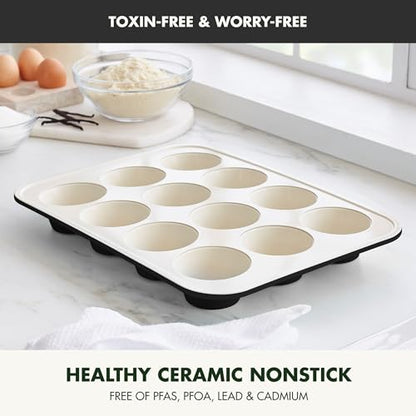 GreenPan Bakewell 12-Cup Muffin Pan, Healthy Ceramic Nonstick Bakeware, PFAS-Free Cupcake Mold, Durable Baking Tray, Versatile Kitchen Essentials, Easy Clean Ovenware, Black