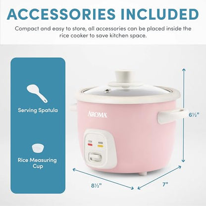 AROMA® Mini Rice Cooker, 2-Cup (Uncooked) / 4-Cup (Cooked), Grain Cooker, Soup Maker, Oatmeal Cooker, Auto Keep Warm, 1 Qt, Pink, ARC-302NGP