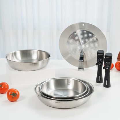 Chefwin 316 Stainless Steel Removable Handle Cookware, 5-Ply Stackable Cookware Set, 6-Piece Pans with Universal Lid, Induction Compatible, Oven & Dishwasher Safe