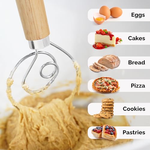 Zulay Kitchen 13-Inch Danish Dough Whisk - Stainless Steel Wooden Whisk with Dough Hook - Sourdough Whisk for Bread, Pizza, Pastry, Cake Batter & More - Wood