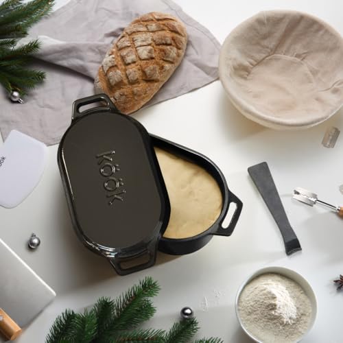 KooK Dutch Oven, for Bread Baking, Sourdough Loaf Pan, with Lid, Dual Handles, Enameled Cast Iron, includes Lid Lever, Dishwasher Safe, Oven safe 500F, 3.4 Qt, Black