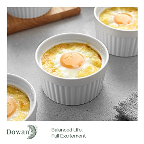 DOWAN Ramekins with Lids 6 oz Oven Safe, Creme brulee Souffle Dishes Ramekin with Covers, Porcelain Bowls for Baking Custard Cups, Set of 6, White