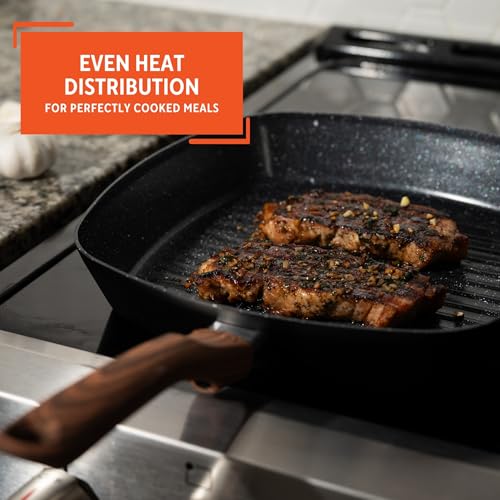 IMUSA 11-Inch PFAS Free Ceramic NonStick Grill Pan, Aluminum Griddle Pan with Cool-Touch WoodLook Handle, Large Cooking Surface for Burgers, Steaks, Vegetables, Sandwiches & BBQ