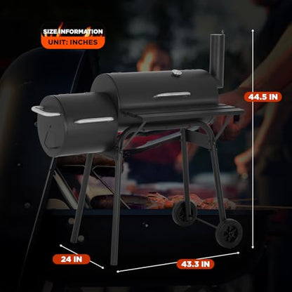 43-inch Charcoal Outdoor BBQ Grill - Portable Camping Grill for 6-10 People, Offset Smoker, Braised Roast, Patio and Backyard Picnic Grill