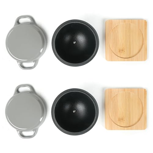 HAWOK Enameled Cast Iron Garlic Roaster with Bamboo Tray, 5-Inch, BBQ Grill Garlic Baker, Mini Cocotte, Set of 2, Grey