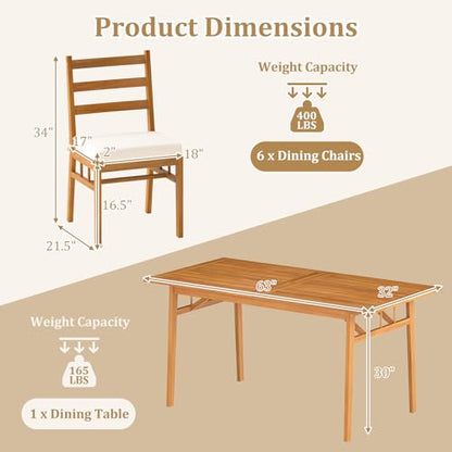 Tangkula 7 Pieces Patio Acacia Wood Dining Set, Outdoor Heavy Duty Rectangular Table with 1.97” Umbrella Hole and 6 Cushioned Chairs, for Deck, Garden and Backyard
