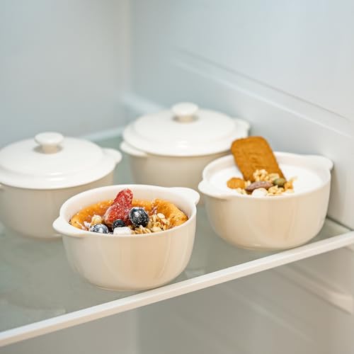 4-Pack Ceramic Mini Cocotte Set, 10 Oz Stoneware Casserole Dishes with Handles & Lids, Oven-Safe Ramekins for Soufflé, Soup, Cobbler & Baking, Individual Serving Bakeware, Off White