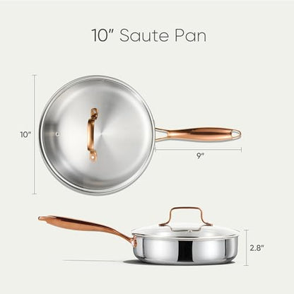 CAROTE 10" Tri-Ply Stainless Steel Deep Frying Pan with Lid, Non-Toxic Saute Pan, Oven Safe, Induction, Ceramic and Gas Cooktops Compatible, Silver