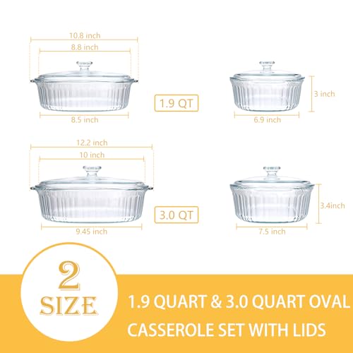 2 Pack Glass Casserole Baking Dishes with Lids for Oven,1.9 Qt and 3 Qt Ribbed Oval Glass Serving Dishes Bakeware Set for Lasagna,Casseroles,Leftovers,Cooking,Kitchen
