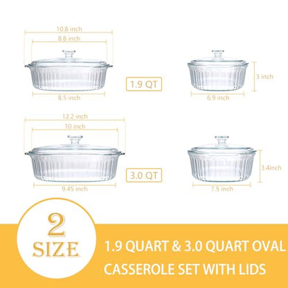 2 Pack Glass Casserole Baking Dishes with Lids for Oven,1.9 Qt and 3 Qt Ribbed Oval Glass Serving Dishes Bakeware Set for Lasagna,Casseroles,Leftovers,Cooking,Kitchen