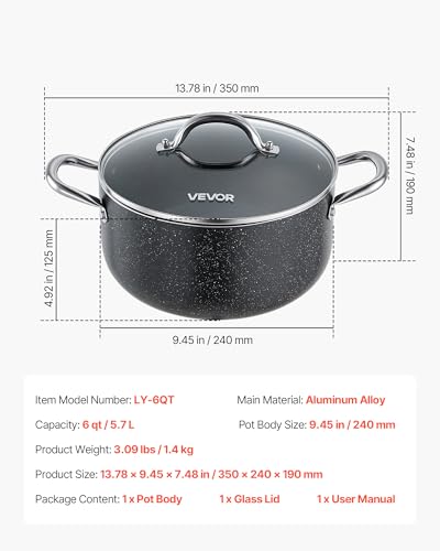 VEVOR Aluminum Stock Pot, 6-Quart Nonstick Ceramic Coated Pot with Glass Lid, PFOA-Free, PFAS-Free, Compatible with Gas Stoves, Induction Cooktops, Electric Stoves, for Soups, Stews, and Pasta