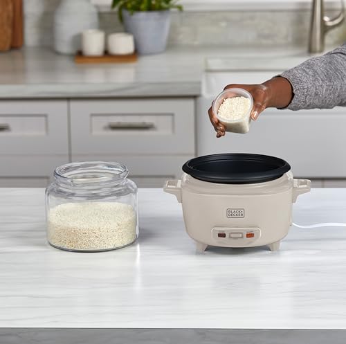 BLACK+DECKER 6-Cup Cooked (3 Cups Uncooked) Rice Cooker, Steaming Basket, Removable Nonstick Bowl, One-Touch Operation, Baked Stone