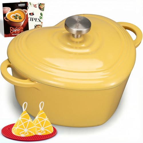 Overmont Enameled Cast Iron Dutch Oven - Heart-Shaped Pot with Lid Cookbook & Cotton Pot Holders - Mini Cookware Oven Safe to 500°F for Sourdough Baking Soups Stews - Great Gift for Wedding Birthday Housewarming 2QT Yellow