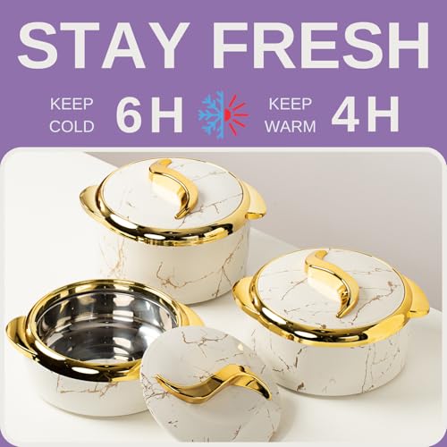 Hywisnok Luxury 3-Piece 2.6/2.1/1.6qt Thermal Casserole Dish Set with Lids, Insulated Stainless Steel Container for Hot & Cold Food, Serving Bowl for Buffets/Parties-Marble White