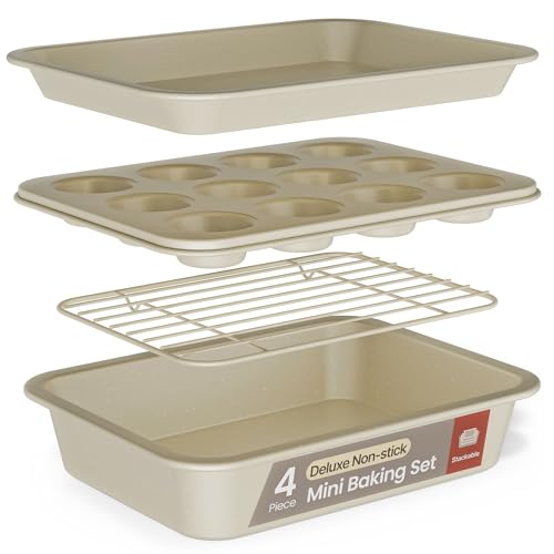 Bakken 4-Piece Bakeware Sets, Nonstick Carbon Steel Baking Sheet, Stackable Space-Saving Bakeware, Dishwasher Safe, Stain-resistant, PFOA, PFOS, & PTFE Free, Oven Safe Up To 450°F, White Marble