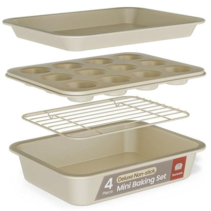 Bakken 4-Piece Bakeware Sets, Nonstick Carbon Steel Baking Sheet, Stackable Space-Saving Bakeware, Dishwasher Safe, Stain-resistant, PFOA, PFOS, & PTFE Free, Oven Safe Up To 450°F, White Marble
