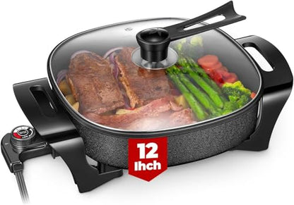 FOHERE 12 Inch Deep Non Stick Electric Skillet, Electric Frying Pan with Adjustable Temperature Control, Heat Resistant Handles and Non-stick Coating Easy to Clean, Quick Even Heating, 1360W, Black