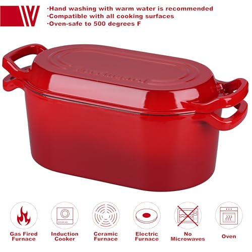 VORRINGARD Oval Dutch Oven Pot with Lid, Enamel Coating Cast Iron Bread Pans for Homemade Sourdough Bread Baking, Cooking, 4 Quart, Red