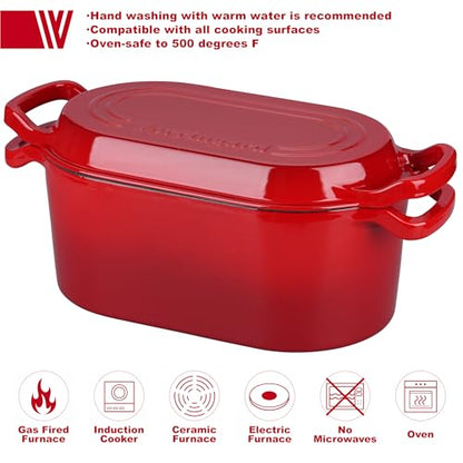VORRINGARD Oval Dutch Oven Pot with Lid, Enamel Coating Cast Iron Bread Pans for Homemade Sourdough Bread Baking, Cooking, 4 Quart, Red