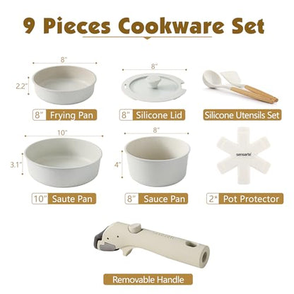 SENSARTE 9 Piece Pots and Pans Set, Nonstick Detachable Handle Cookware, Induction Kitchen Cookware Set with Removable Handle, Healthy Non Stick for RV, Dishwasher ＆ Oven Safe (White)