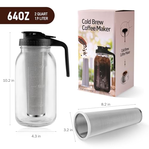 Cold Brew Coffee Maker, 64 oz Glass Pitcher with Mesh Filter, 2 Quart Mason Jar with Lid