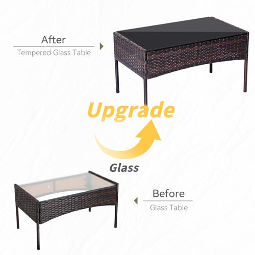 PAIQIAN Patio Furniture Set 4 Pieces, Outdoor Rattan Furniture with Tempered Glass Coffee Table, Modern Rattan Patio Chairs Conversation Sets with Sofa for Garden, Terrace, Porch, Lawns Brown/Beige