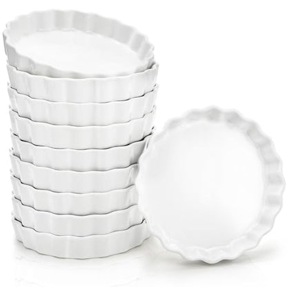 Foraineam 10 Pack 8 oz Creme Brulee Ramekins, 6 Inch Round Fluted Quiche Dishes, Porcelain Pie Pan Shallow Baking Dish Oven Safe for Baking Souffle, Apple Pie, Quiche, Tart