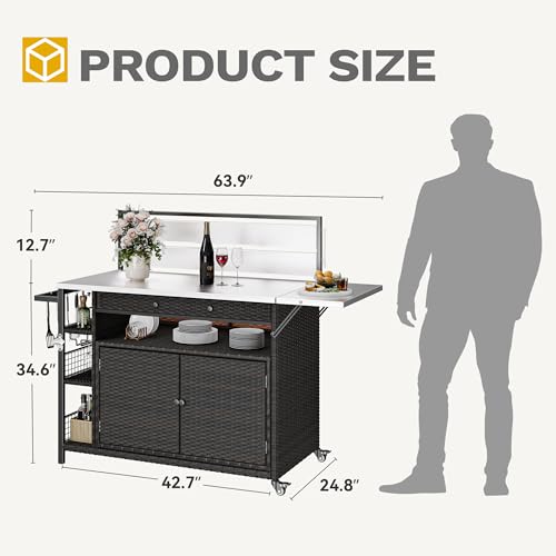 DWVO XL Outdoor Bar Table & Storage Cabinet, Wheels and Stainless Steel Extended Table Top, Patio Bar Table with Side Handle for Patio Kitchen or Bar Cart, Dark Brown