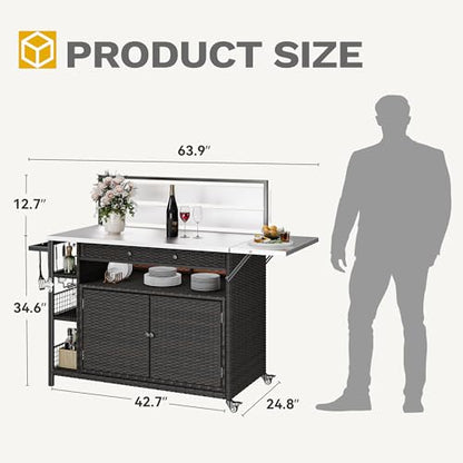 DWVO XL Outdoor Bar Table & Storage Cabinet, Wheels and Stainless Steel Extended Table Top, Patio Bar Table with Side Handle for Patio Kitchen or Bar Cart, Dark Brown