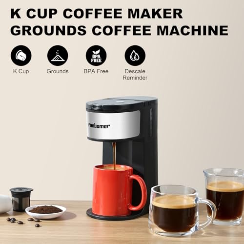 Ranbomer K Cup Coffee Maker, Single Serve coffee machine or Ground Coffee Machine 2 in 1, 6 to 14 Oz Brew Sizes, Mini One Cup Coffee Maker with Self cleaning Function.