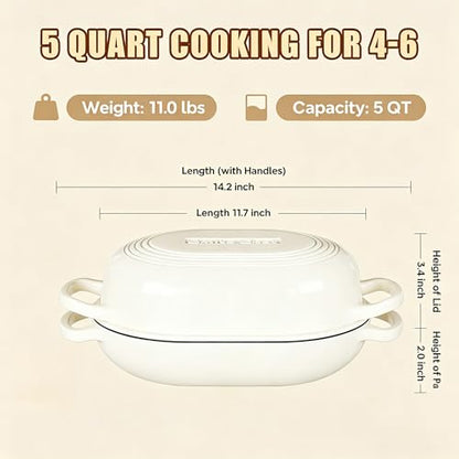 Enameled Cast Iron Dutch Oven for Bread Baking - incl. Sourdough Bread-Baking Supplies like Banneton Bread-Proofing Basket - 5QT Loaf Cast Iron Bread Oven Pan& Meatloaf Pan with Lid, Sour Sough Tools, Lame (Cream White）