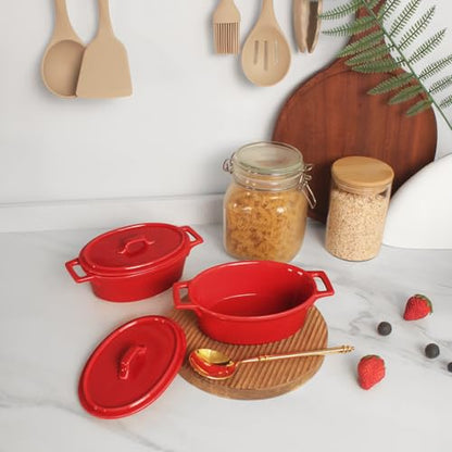 jinsongdafa Ceramic Mini Oval Cocotte Set, 10 Ounces Small Casserole Dishes with Lids and Handles, Individual Baking Ramekins, Oven, Microwave & Dishwasher Safe, Red 7.1 Inch